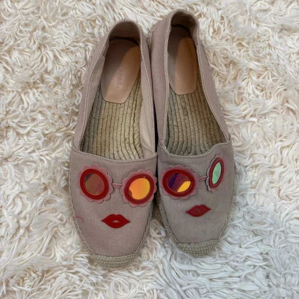 Kate Spade Grenada Glasses Espadrille Slip On Flats Size 7.5 Canvas Pale Vellum